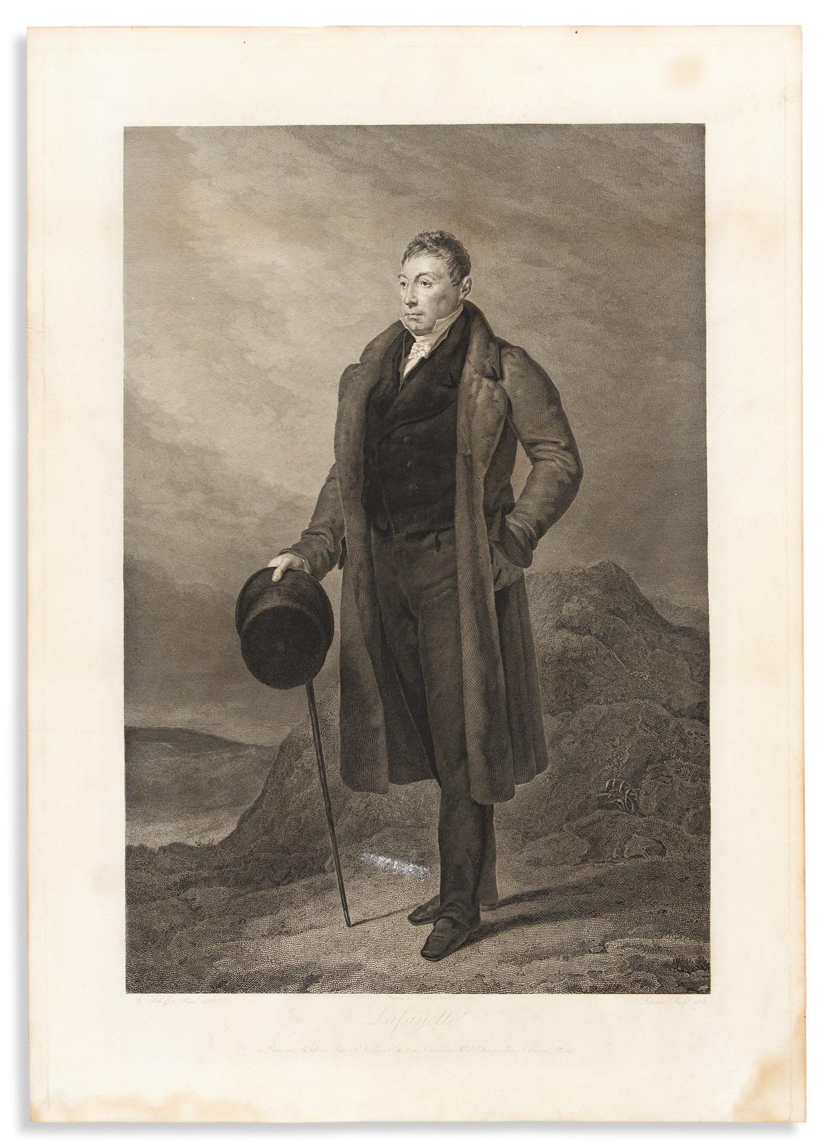 (FOUNDING FATHERS.) J.M. Leroux, engraver; after Scheffer. Full-length portrait of Lafayette, produced as he began his tour of America.